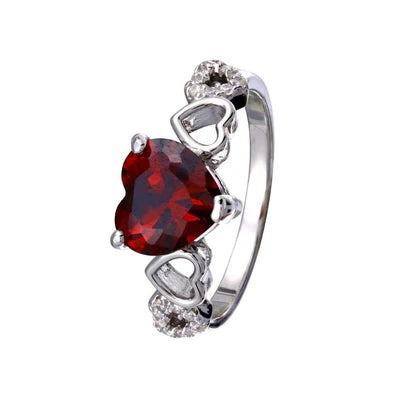 925 Sterling Silver Rhodium Plated  Heart Red and Clear CZ W- Heart Shank Ring