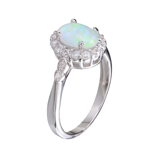 925 Sterling Silver Rhodium Plated Round Synthetic Opal Ring