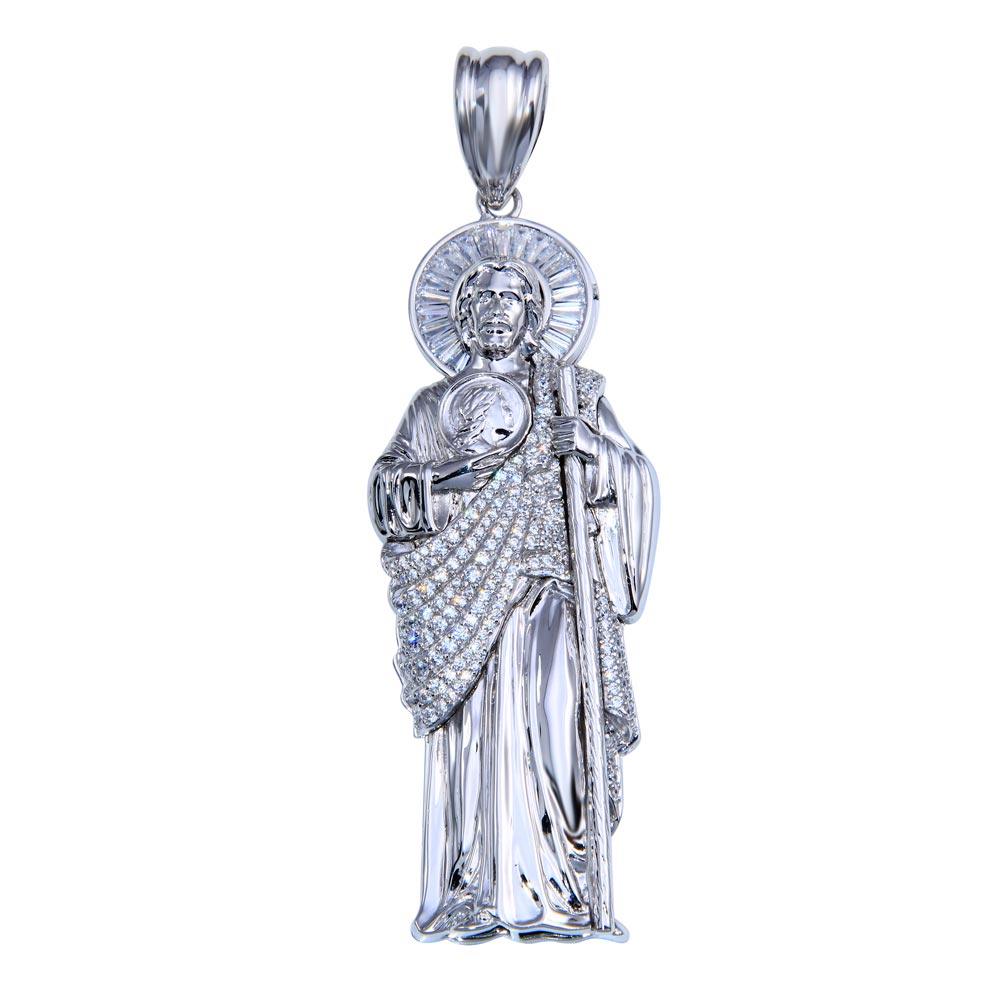 925 Sterling Silver Rhodium Plated Clear CZ St Jude Pendant 70mm