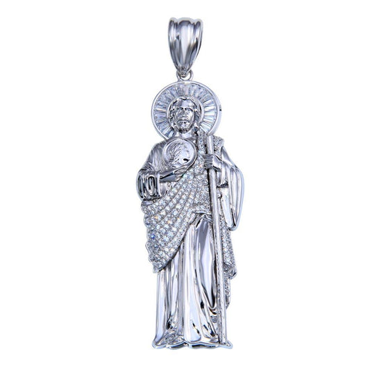 925 Sterling Silver Rhodium Plated Clear CZ St Jude Pendant 70mm