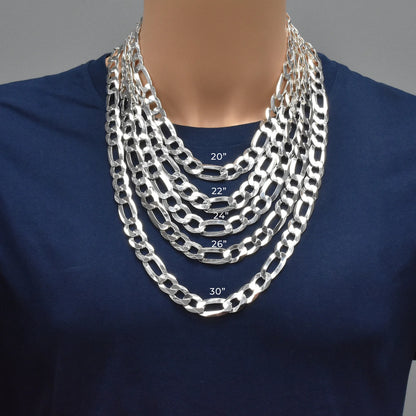 925 Sterling Silver Figaro 350 Chain or Bracelet 14mm