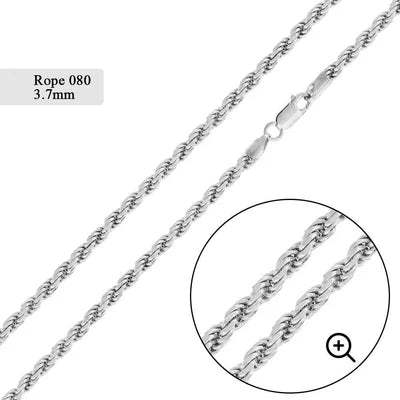 925 sterling silver Rope 080 Chain or Bracelet 3.7mm
