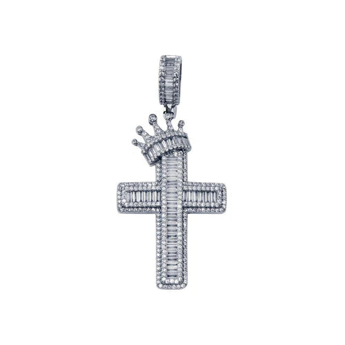 925 Sterling Silver Rhodium Plated CZ Crown Cross Hip Hop Pendant