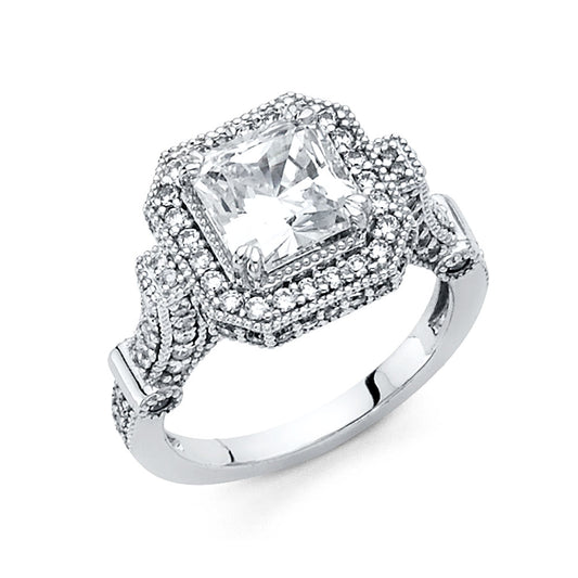 14K White Gold Women's Princess Cut Double Halo Cubic Zirconia Engagement Ring