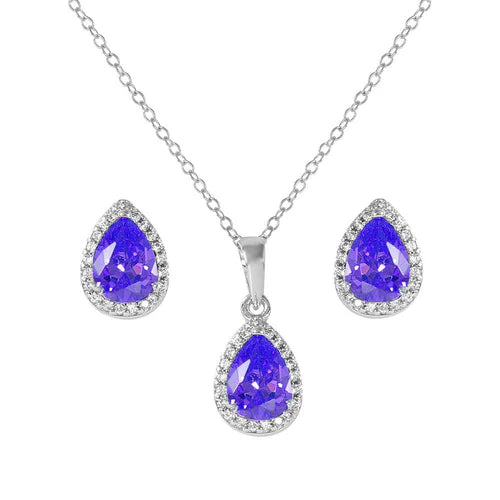 925 Sterling Silver Rhodium Plated Pear Birthstone Set