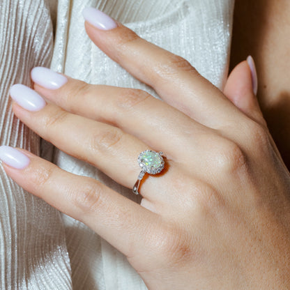 925 Sterling Silver Rhodium Plated Round Synthetic Opal Ring