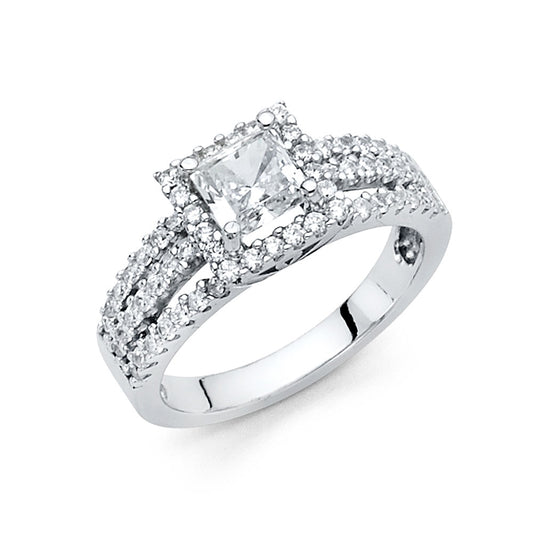 14K White Gold Women's Princess Cut Halo Cubic Zirconia Engagement Ring