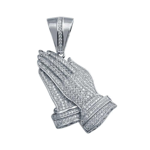 925 Sterling Silver Rhodium Plated CZ Praying Hands Hip Hop Pendant