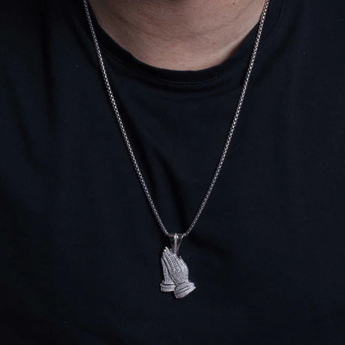 925 Sterling Silver Rhodium Plated CZ Praying Hands Hip Hop Pendant