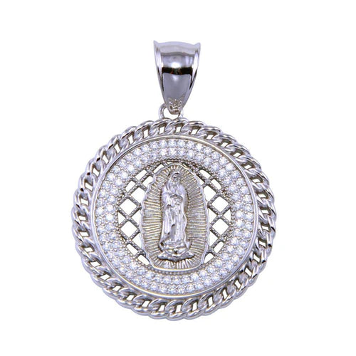 925 Sterling Silver Rhodium Plated CZ Disc Lady of Guadalupe Pendant
