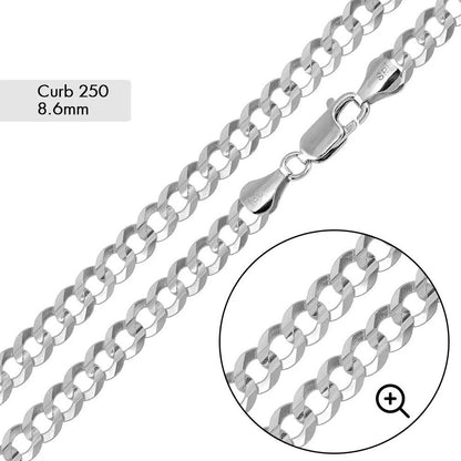 925 Sterling Silver Curb 250 Chain or Bracelet 8.6mm