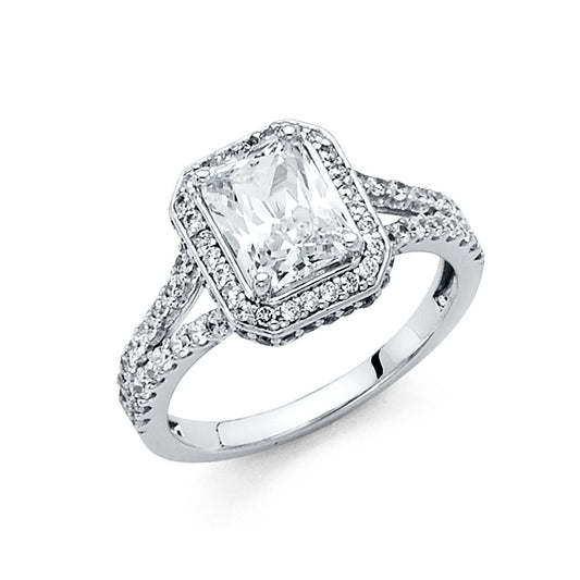 14K White Gold Women's Emerald Cut Halo Cubic Zirconia Engagement Ring