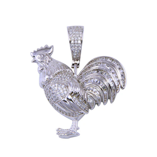 925 Sterling Silver Rhodium Plated  CZ Rooster Pendant