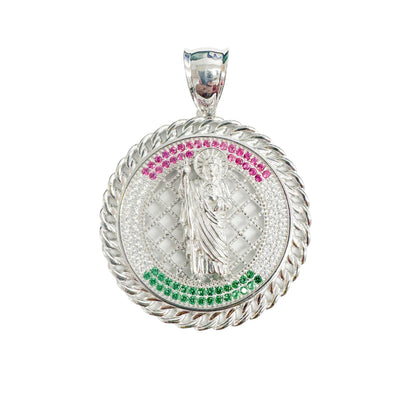 925 Sterling Silver Rhodium Plated Saint Jude Clear Green and Red CZ 35mm Pendant