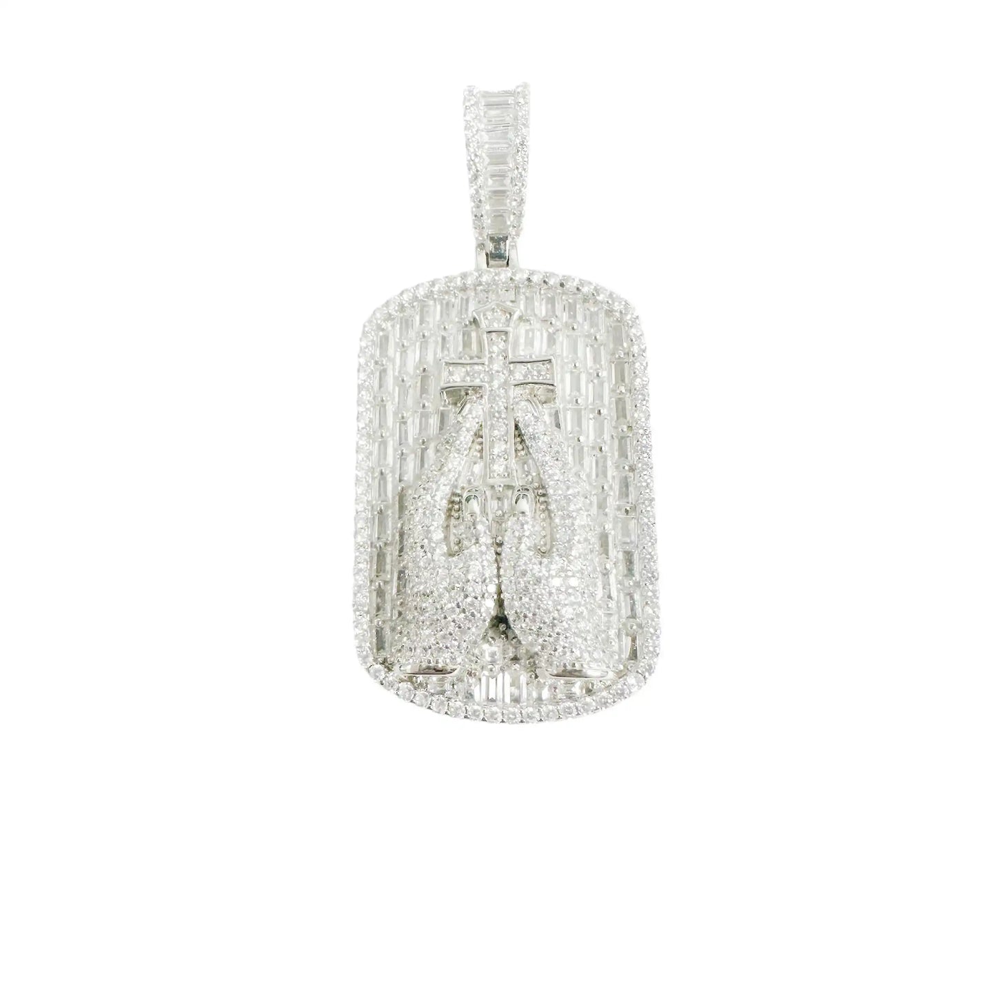 925 Sterling Silver Rhodium Plated Praying Hands Cross Clear CZ Pendant