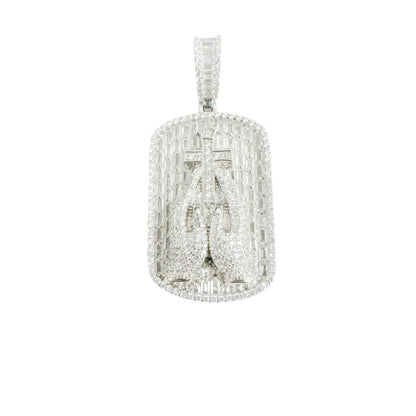 925 Sterling Silver Rhodium Plated Praying Hands Cross Clear CZ Pendant