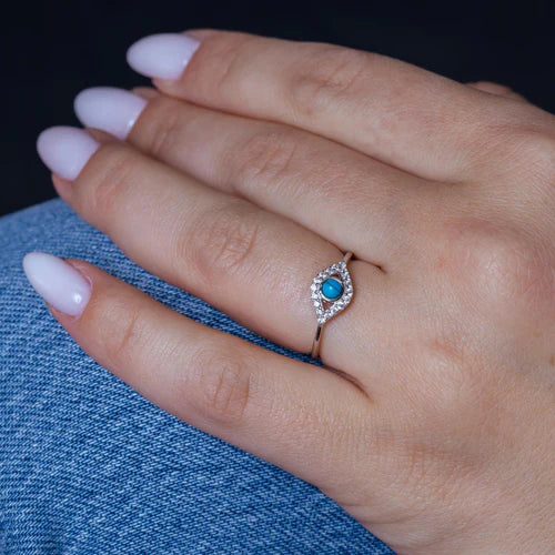 925 Sterling Silver Rhodium Plated  Evil Eye CZ Ring with Turquoise Bead - BGR01109RH