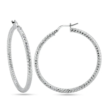 925 Sterling Silver Rhodium Plated 3mm Diamond Cut Textured Hoop Earrings