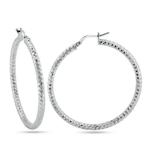 925 Sterling Silver Rhodium Plated 3mm Diamond Cut Textured Hoop Earrings