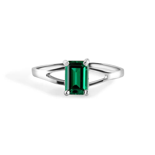 925 Sterling Silver Rhodium Plated Emerald Cut Birthstone Ring