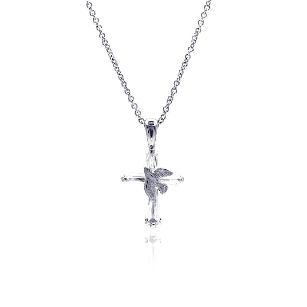 925 Sterling Silver Rhodium Plated Silver Cross Dove Pendant Necklace