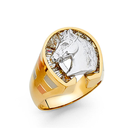 Men's 14K Tri-Color CZ Horseshoe Ring with a Horse Head