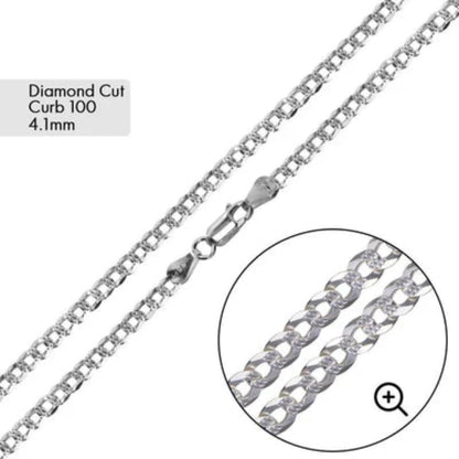 925 Sterling Silver Curb 100 1 Side Diamond Cut 1 Side Plain Chain 4.1mm