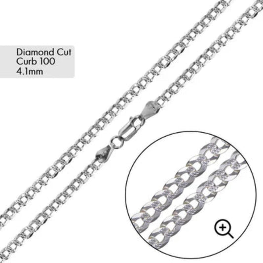 925 Sterling Silver Curb 100 1 Side Diamond Cut 1 Side Plain Chain 4.1mm
