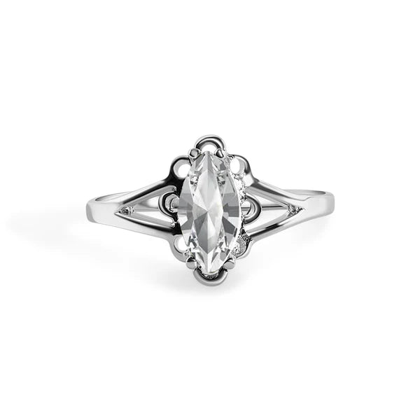 925 Sterling Silver Rhodium Plated Marquise Birthstone Filigree Ring