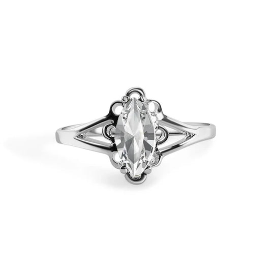 925 Sterling Silver Rhodium Plated Marquise Birthstone Filigree Ring