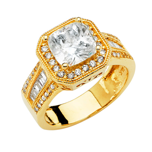 14K Yellow Gold Women's Cushion Cut Halo Cubic Zirconia Engagement Ring