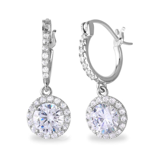 925 Sterling Silver Rhodium Plated Dangling Micro Pave Round CZ huggie hoop Earrings