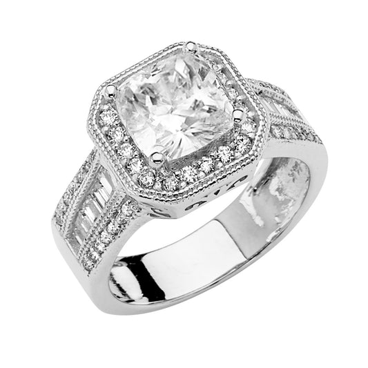 14K White Gold Women's Cushion Cut Halo Cubic Zirconia Engagement Ring