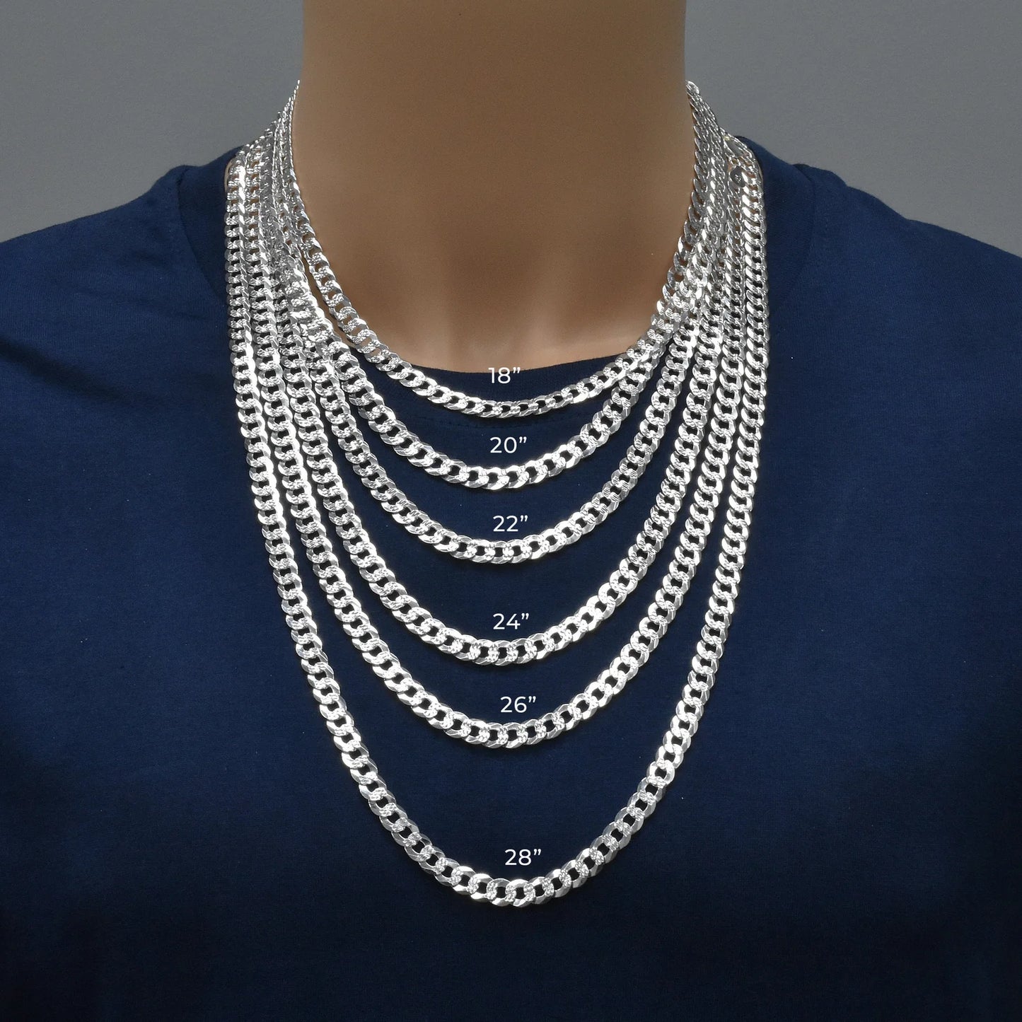 925 Sterling Silver Curb 180 1 Side Diamond Cut 1 Side Plain Bracelet and Chain 7.2mm