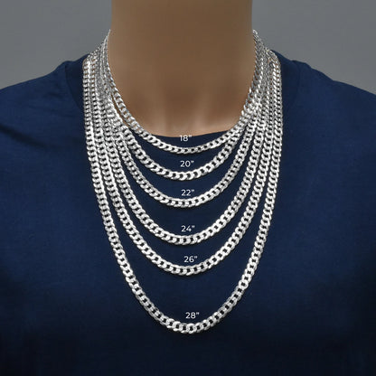 925 Sterling Silver Curb 180 1 Side Diamond Cut 1 Side Plain Bracelet and Chain 7.2mm