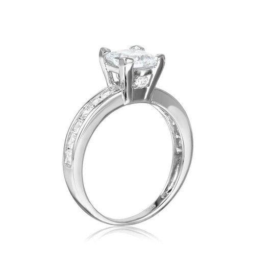 925 Sterling Silver Rhodium Plated Square Center Stone with CZ Band