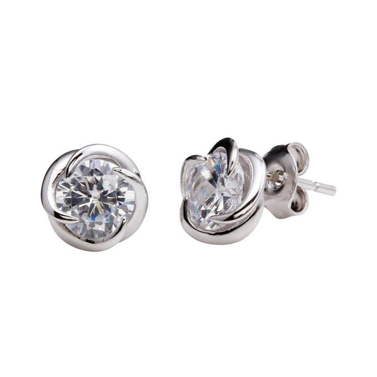 925 Sterling Silver Rhodium Plated Stud Rose Earrings with CZ Center