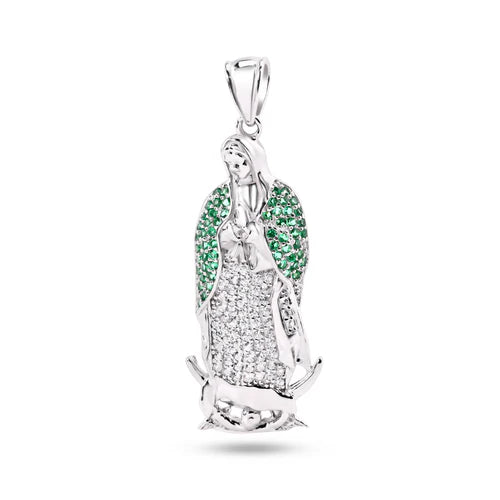 925 Sterling Silver Rhodium Plated Virgin Mary Clear and Green CZ Pendant