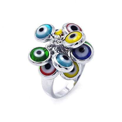 925 Sterling Silver Rhodium Plated Multi Colored Hanging Evil Eye Ring