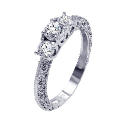 925 Sterling Silver Rhodium Plated Clear CZ Ornate Past Present Future Bridal Ring