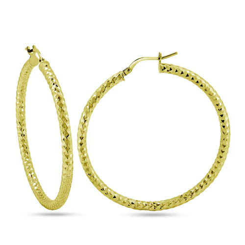 925 Sterling Silver Gold Plated 3mm Diamond Cut Textured Hoop Earrings