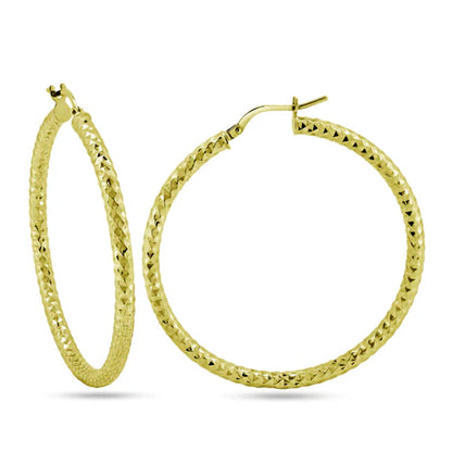 925 Sterling Silver Gold Plated 3mm Diamond Cut Textured Hoop Earrings