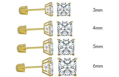 14 Karat Yellow Gold Square Moissanite Stud Screw Back Earring
