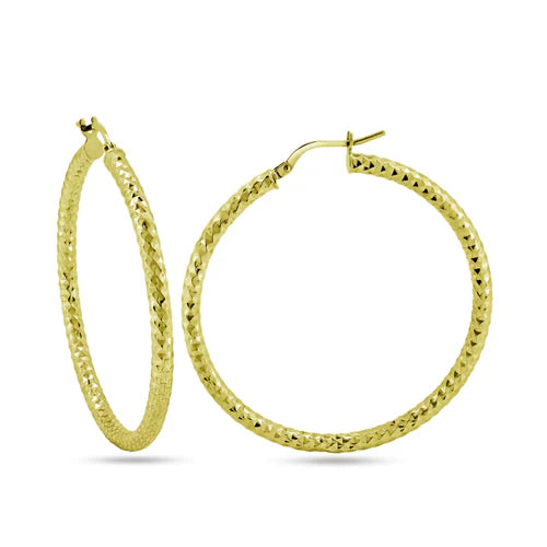 925 Sterling Silver Gold Plated 3mm Diamond Cut Textured Hoop Earrings