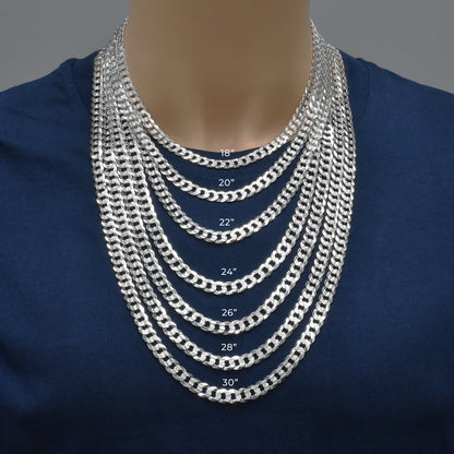 925 Sterling Silver Curb 200 1 Side Diamond Cut 1 Side Plain Chain or Bracelet 7.9mm