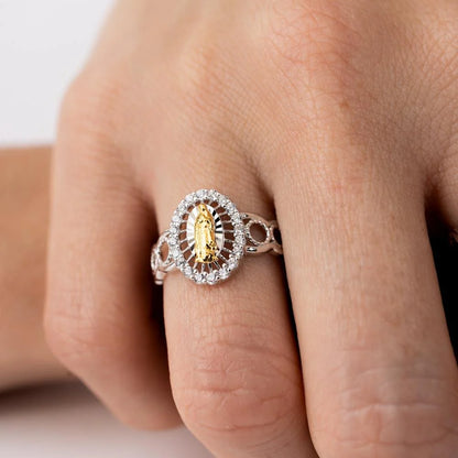 925 Sterling Silver Two-Tone  Lady of Guadalupe Open Circle Shank Ring