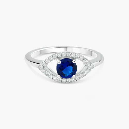 925 Sterling Silver Rhodium Plated Open Evil Eye Ring with Blue Center Stones