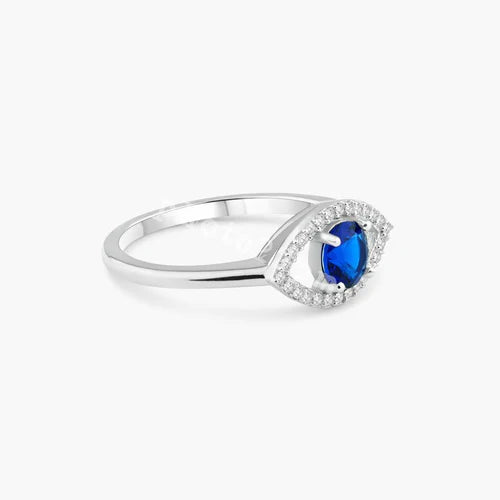 925 Sterling Silver Rhodium Plated Open Evil Eye Ring with Blue Center Stones