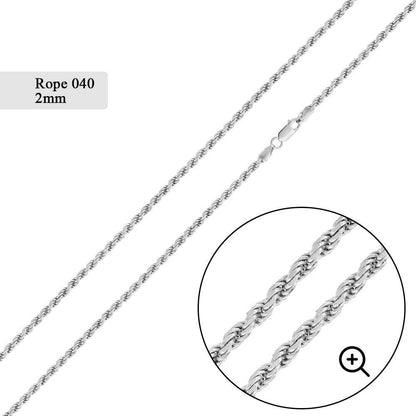 Silver Rope 040 Chain or Bracelet 2mm