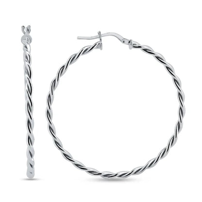925 Sterling Silver Rhodium Plated Twisted Hoop Earrings